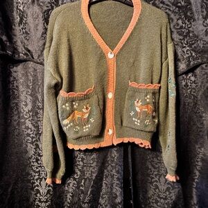 SHEIN Fall Fox Cardigan Sweater With Balloon Sleeves In Olive Green Size L/XL